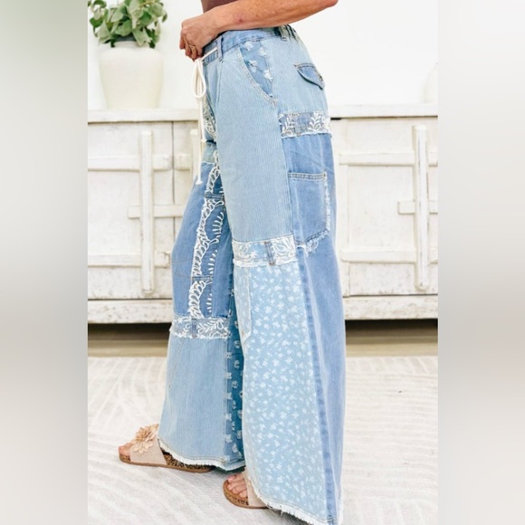✨NWT Pol Boho Patchwork Floral Multi-Patterned Wide Leg Lightweight Denim Pants - Picture 2 of 7